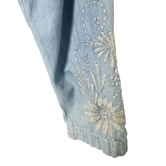 Chico’s Blue Denim Embroidered Button Up Mock Neck Long Sleeve Shirt Women’s 2/L - Picture 5 of 9